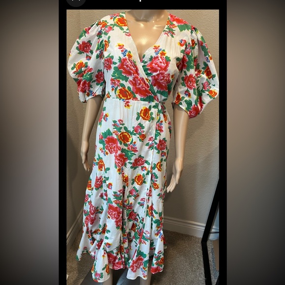 RHODE White wrap Dress with Red and Green Floral Print. - Picture 1 of 7